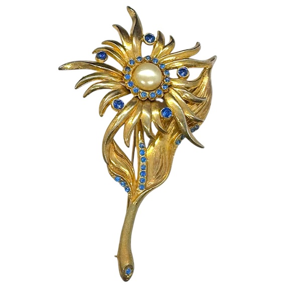 Large Vintage Gold Tone & Blue Rhinestone & Faux Pearl Pot Metal Flower Brooch - Picture 5 of 7